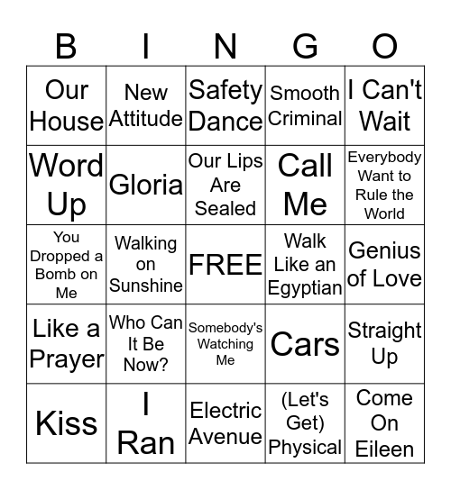 80's Party Time2 Bingo Card