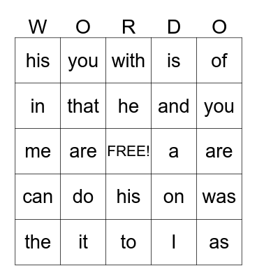 Sight words Bingo Card