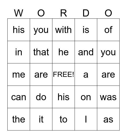 Sight words Bingo Card