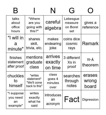 Probability Bingo Card