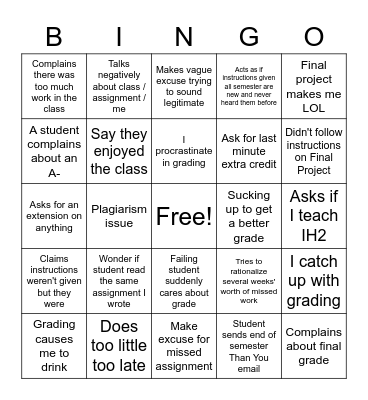 End of Semester Bingo Card