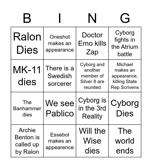 Cyborg Bingo Card