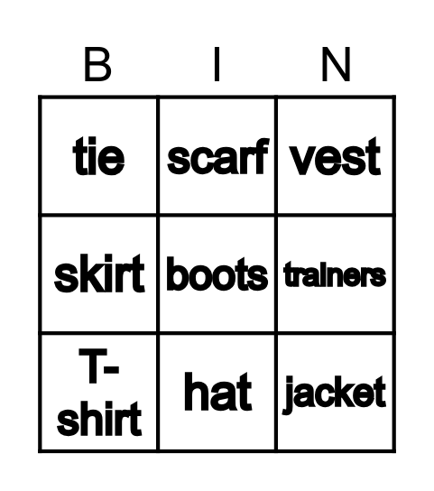 CLOTHES Bingo Card