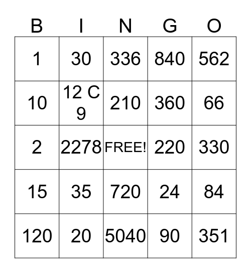 Permutations and Combinations BINGO Card