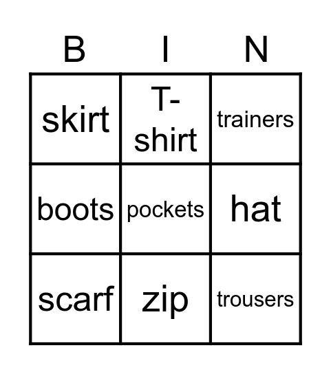 CLOTHES Bingo Card