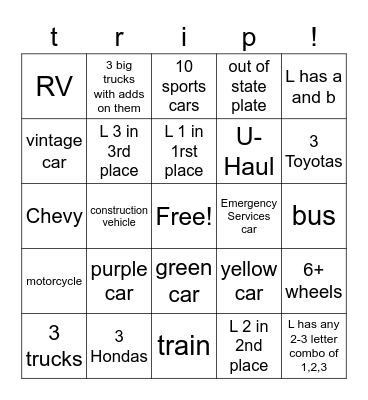 xX LA Xx Road trip Bingo Card