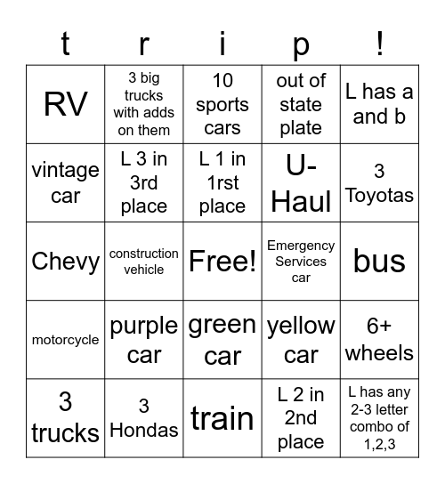 xX LA Xx Road trip Bingo Card