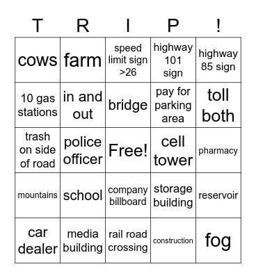 xX LA Xx Road trip2 Bingo Card