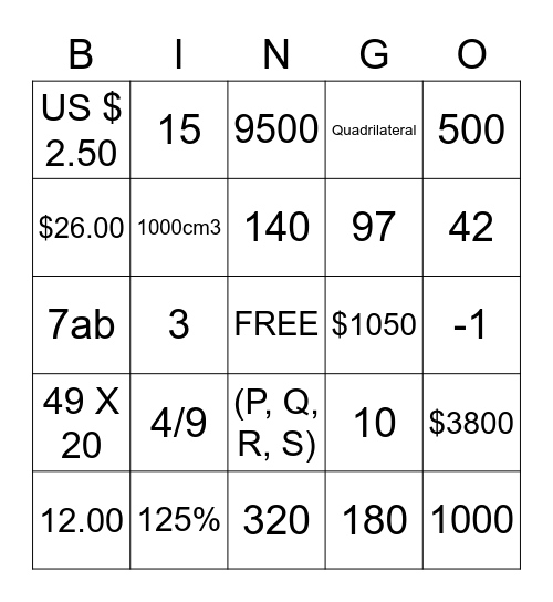 CSEC MATHEMATICS BINGO Card