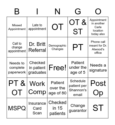 Rehab BINGO Card