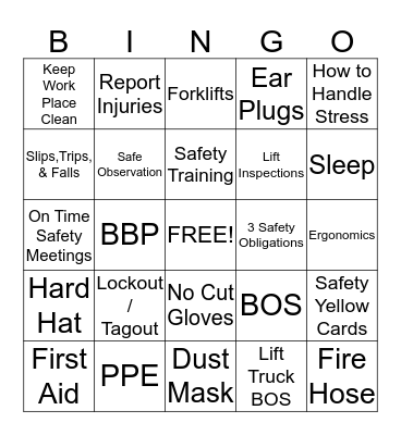 Safety Bingo Card