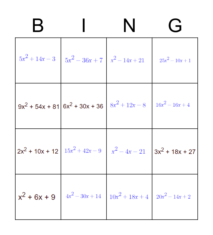 Equivalent Quadratic Expressions Bingo Card