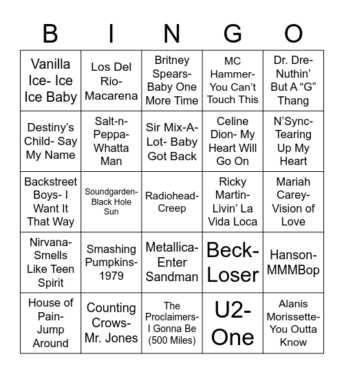 Total-Quiz.com presents Radio Bingo 90's Music Bingo Card