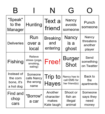 Nancy Drew NoPixel Bingo Card