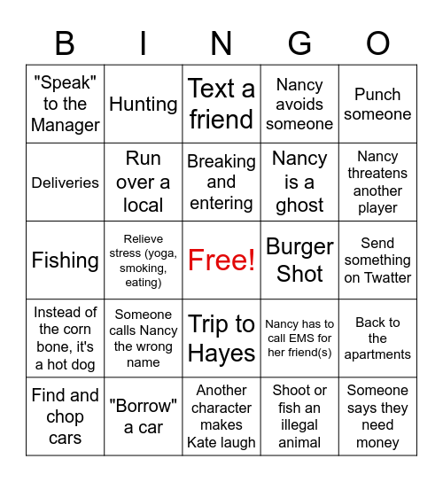 Nancy Drew NoPixel Bingo Card