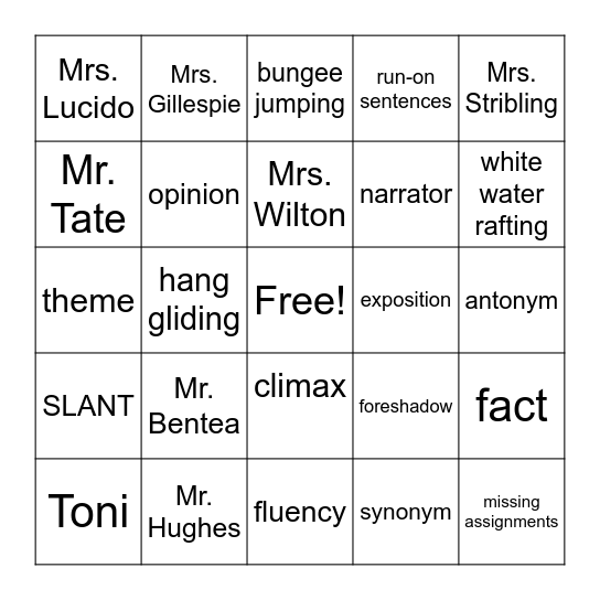 Fremont Week 10 Bingo Card