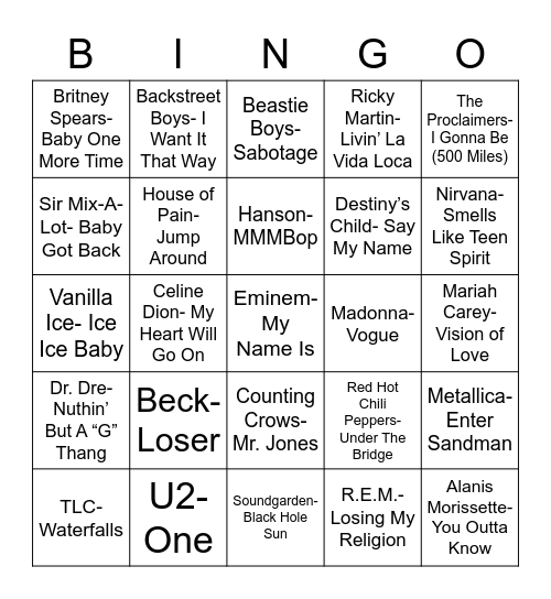 Total-Quiz.com presents Radio Bingo 90's Music Bingo Card