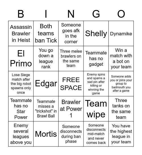 Brawl Stars Power League Bingo Card