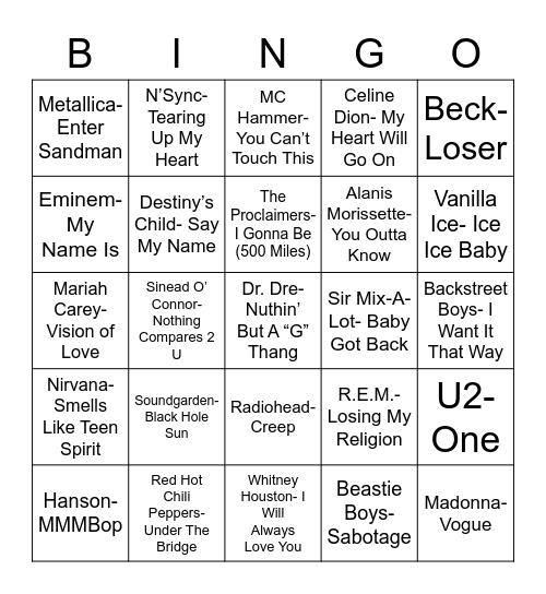 Total-Quiz.com presents Radio Bingo 90's Music Bingo Card
