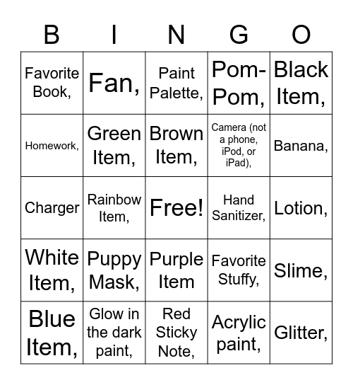 Random Item Bingo Card