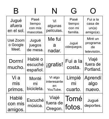 ¿Qué hiciste? Mis vacaciones de primavera Bingo Card