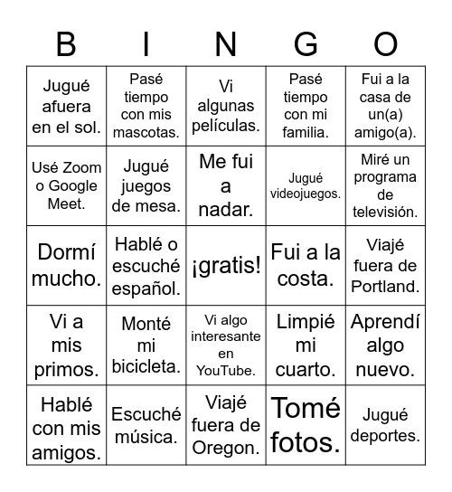 ¿Qué hiciste? Mis vacaciones de primavera Bingo Card