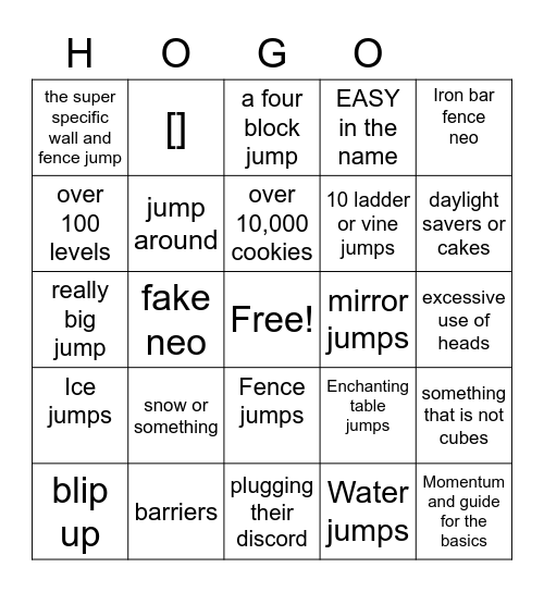 Housing Parkour Bingo Card