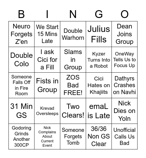 GS Core Bingo Card