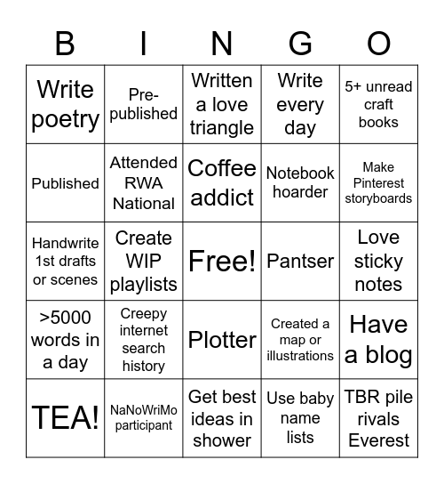 Writer Bingo Card