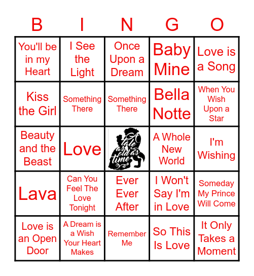 Disney Love Song Bingo Card