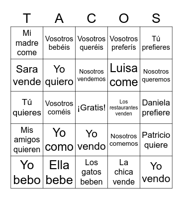 ER/IR Verbs TACOS Bingo Card