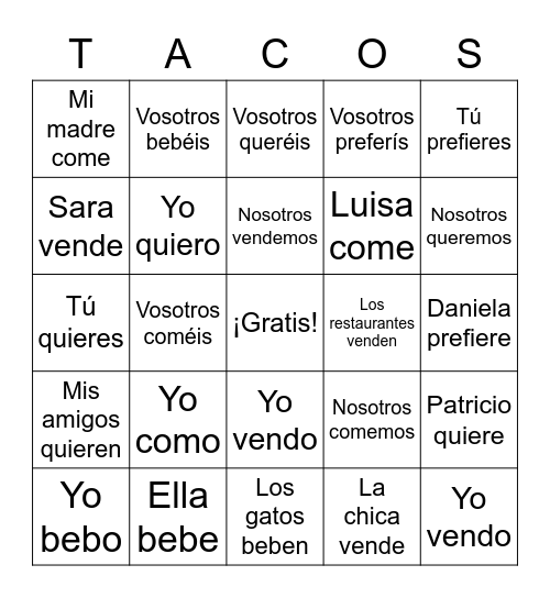 ER/IR Verbs TACOS Bingo Card