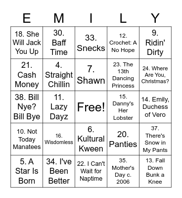 Emily Bingo Card