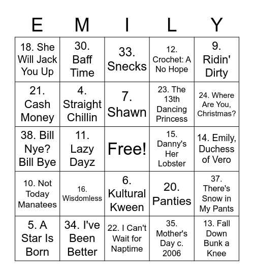 Emily Bingo Card