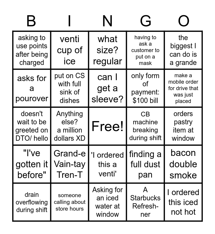 Starbucks Bingo Card