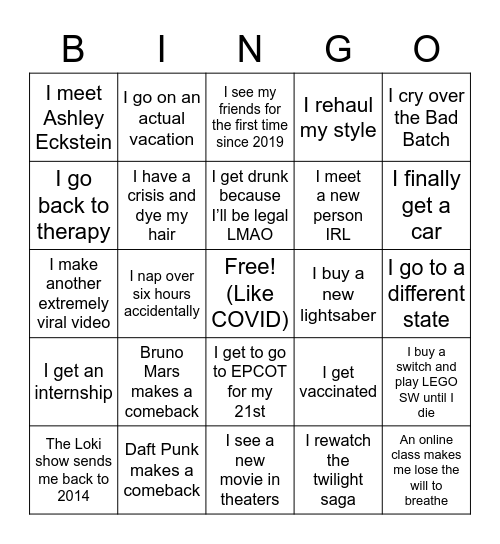 Emma’s 2021 BINGO Card