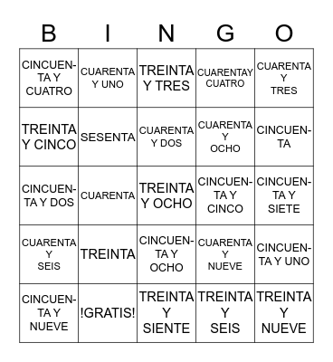 numeros 30 al 60  Bingo Card