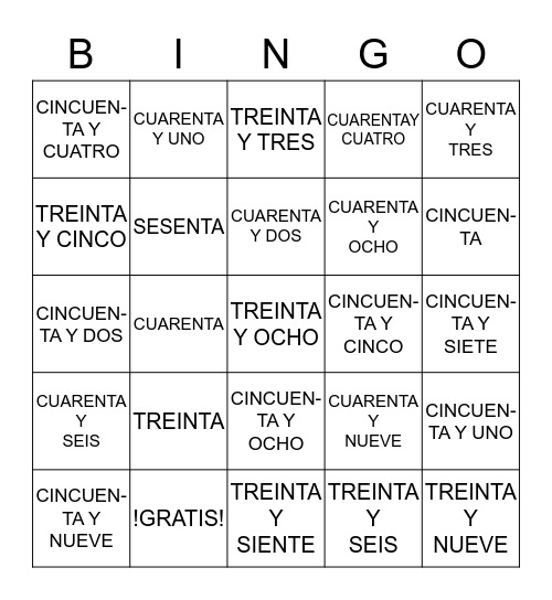 numeros 30 al 60  Bingo Card