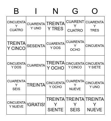 Numeros    -    30 al 60  Bingo Card