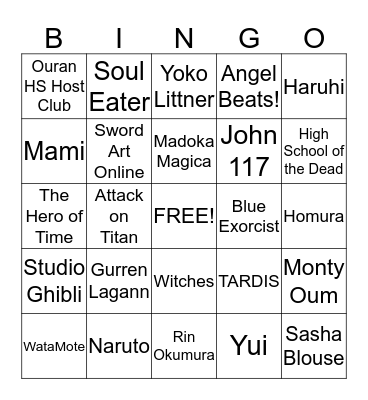 Anime Club Bingo Card