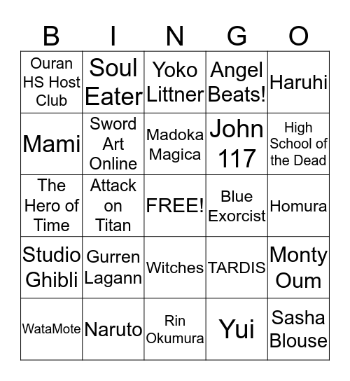 Anime Club Bingo Card