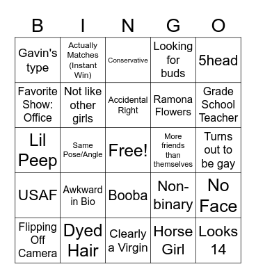 Gavin Tinder Bingo Card