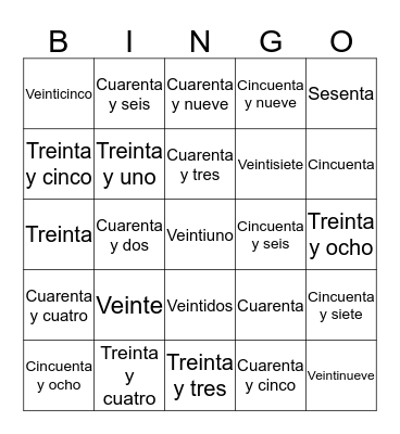 Numeros    -    20 al 60  Bingo Card