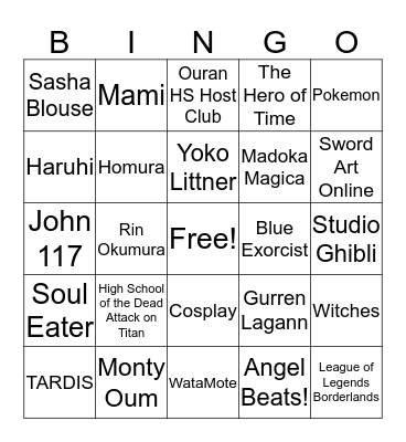 Anime Club Bingo Card