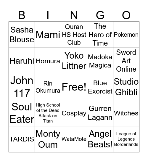 Anime Club Bingo Card