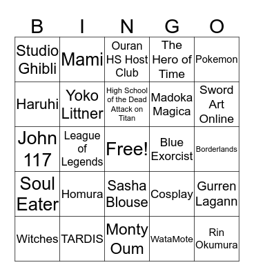 Anime Club Bingo Card