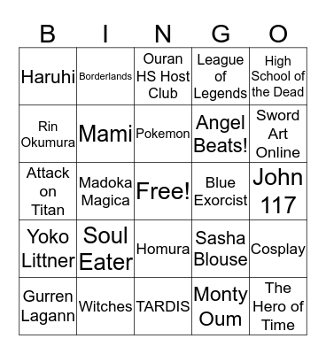 Anime Club Bingo Card