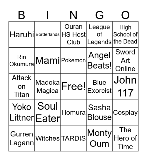 Anime Club Bingo Card