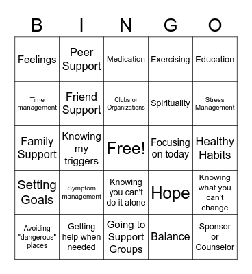 Recovery Skills Bingo Card