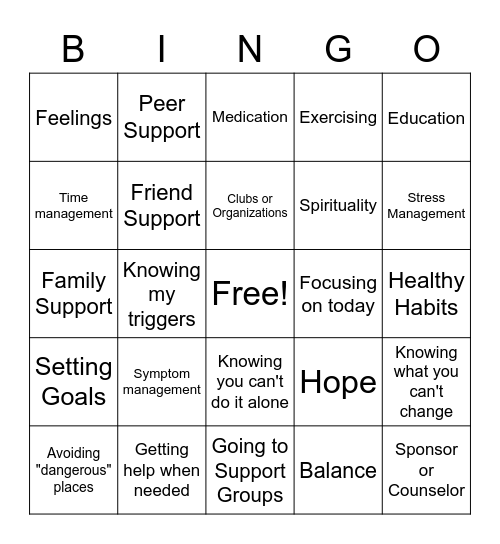 Recovery Skills Bingo Card